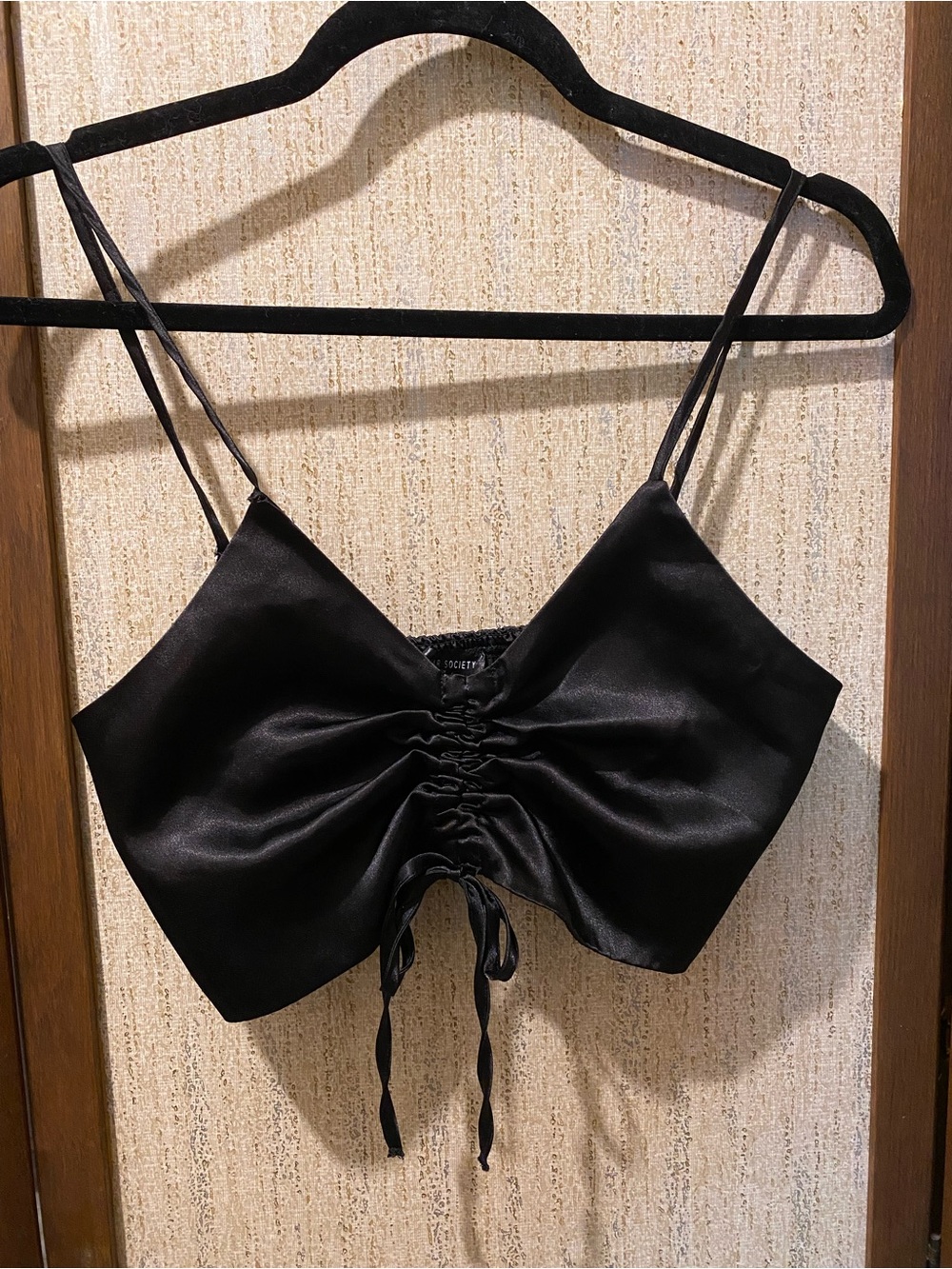 Streetwear Society Black Satin Drawstring Cropped Tank Top